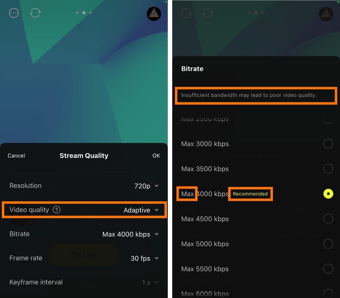 Comparación de los preajustes de calidad de transmisión de Uplive: Estándar 480p, Alta 720p, Ultra 1080p