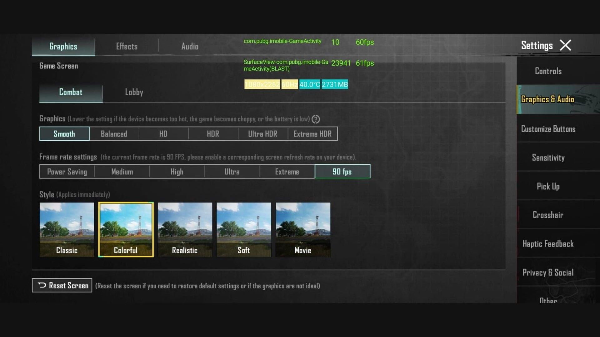 กราฟิก PUBG Mobile แบบ Smooth ที่เลือก 90 FPS แต่หน้าจอยังคงแสดงผลที่ 60 Hz