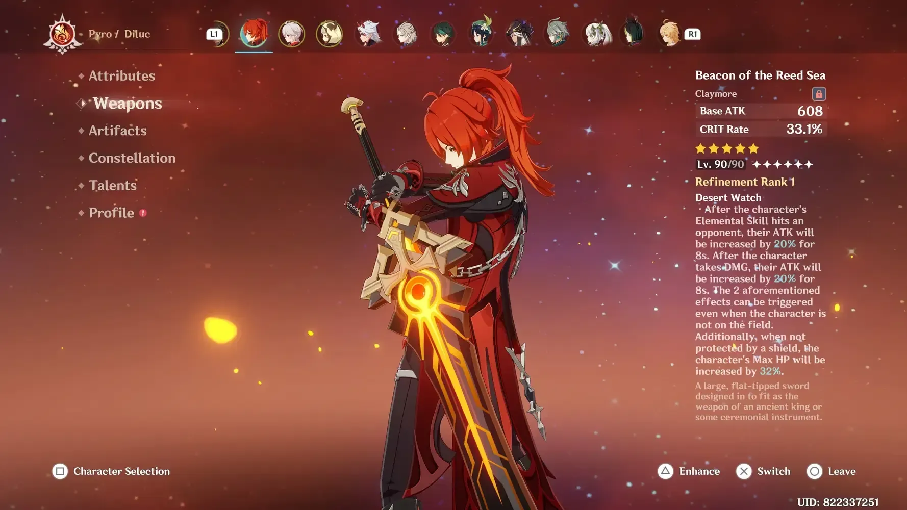 Diluc tenant son épée à deux mains dans Genshin Impact