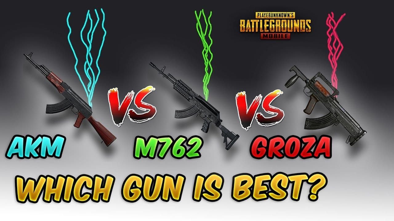 PUBG Mobile Groza vs AKM weapon comparison showing damage and recoil differences