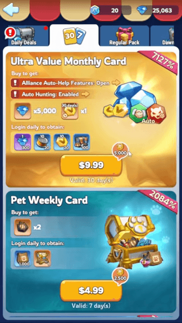 Écran de la boutique Whiteout Survival montrant l'Ultra Value Monthly Card à $9.99 avec Alliance Auto-Help et Auto Hunting, ainsi qu'une Pet Weekly Card à $4.99