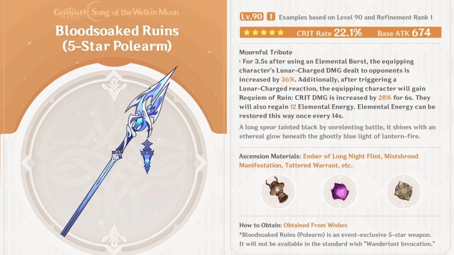 Senjata polearm 5 bintang Bloodsoaked Ruins dari Genshin Impact versi 6.0