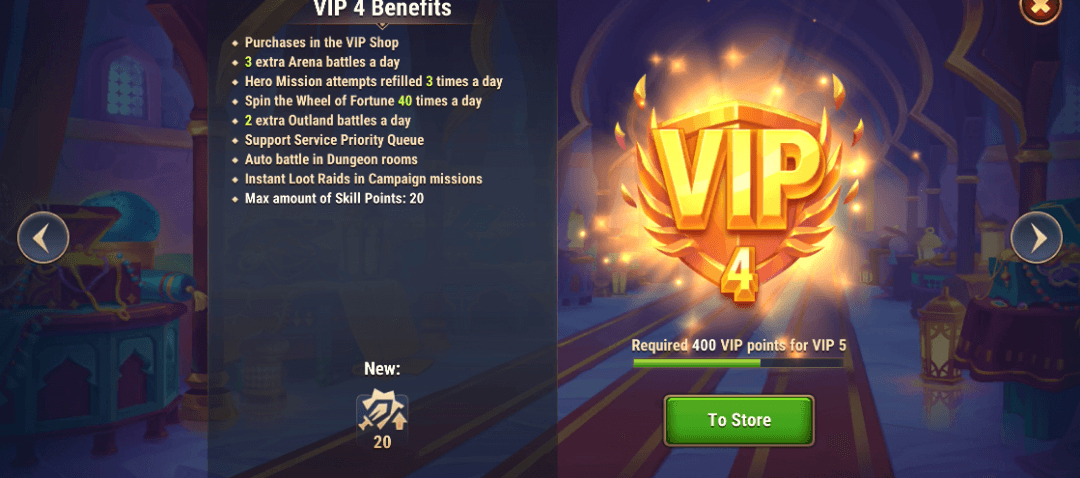 Panel progres VIP Hero GO yang menyorot peningkatan kecepatan auto-battle
