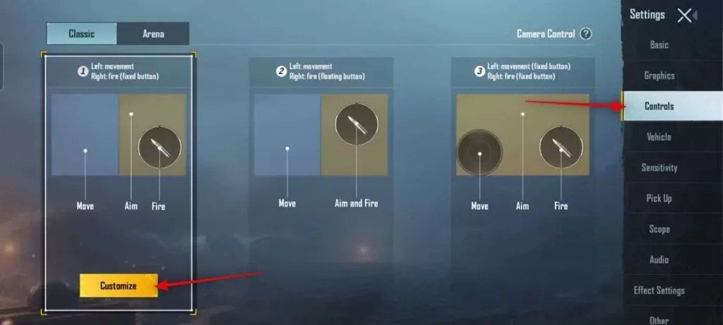 Karta Klasické ovládání v nastavení PUBG Mobile a tlačítko pro přizpůsobení