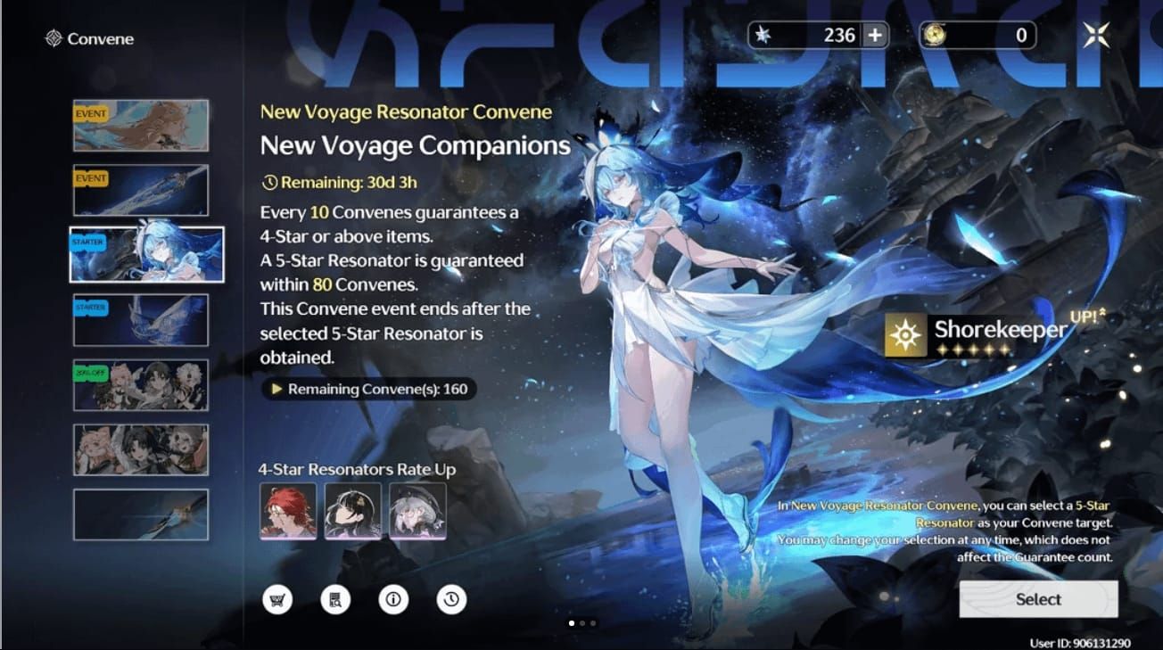 Wuthering Waves लिमिटेड कैरेक्टर बैनर इंटरफेस, जिसमें 5-स्टार रेजोनेटर दिखाए गए हैं