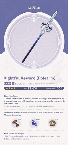 Rightful Reward polearm weapon from Genshin Impact Fontaine craftables