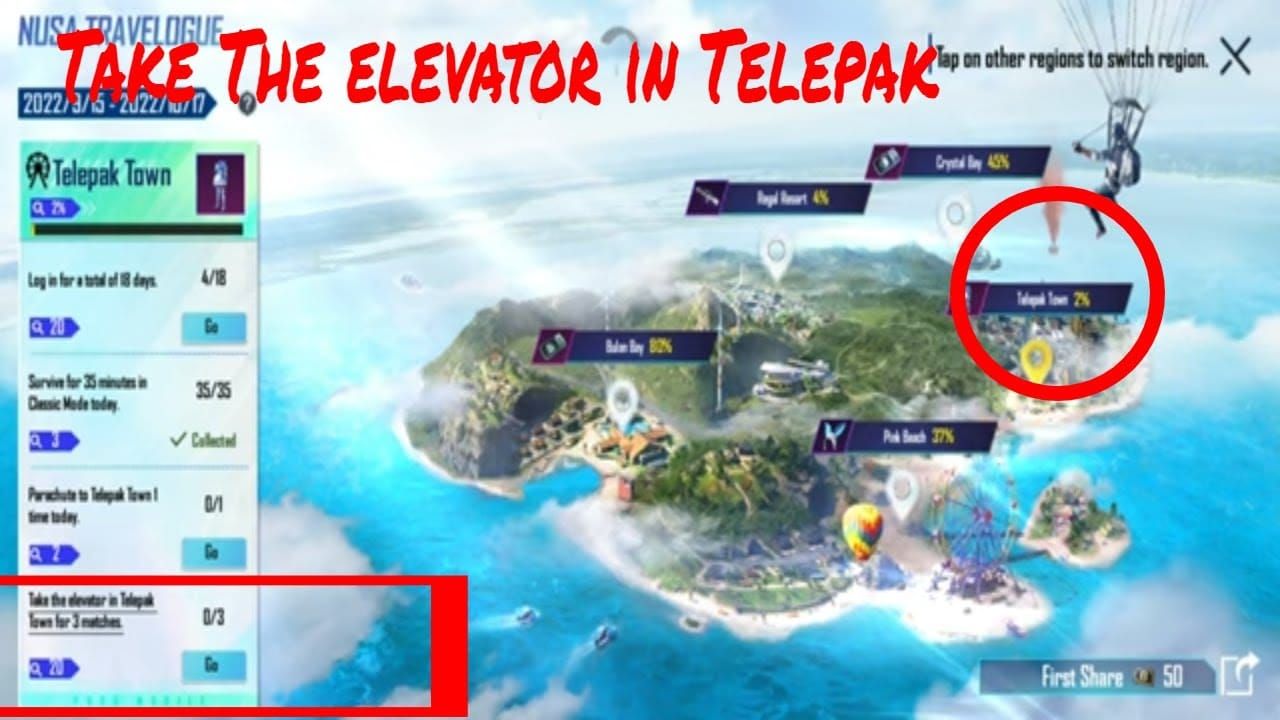 PUBG Mobile Nusa map showing Telepak Town safe landing zone with building layouts