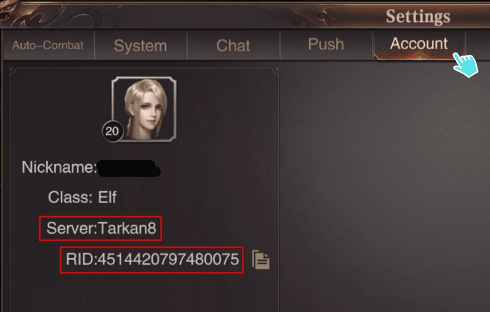 MU Archangel Profilansicht mit Servername und Rollen-ID