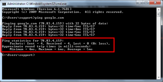 Command line interface displaying ping statistics with latency and packet loss data