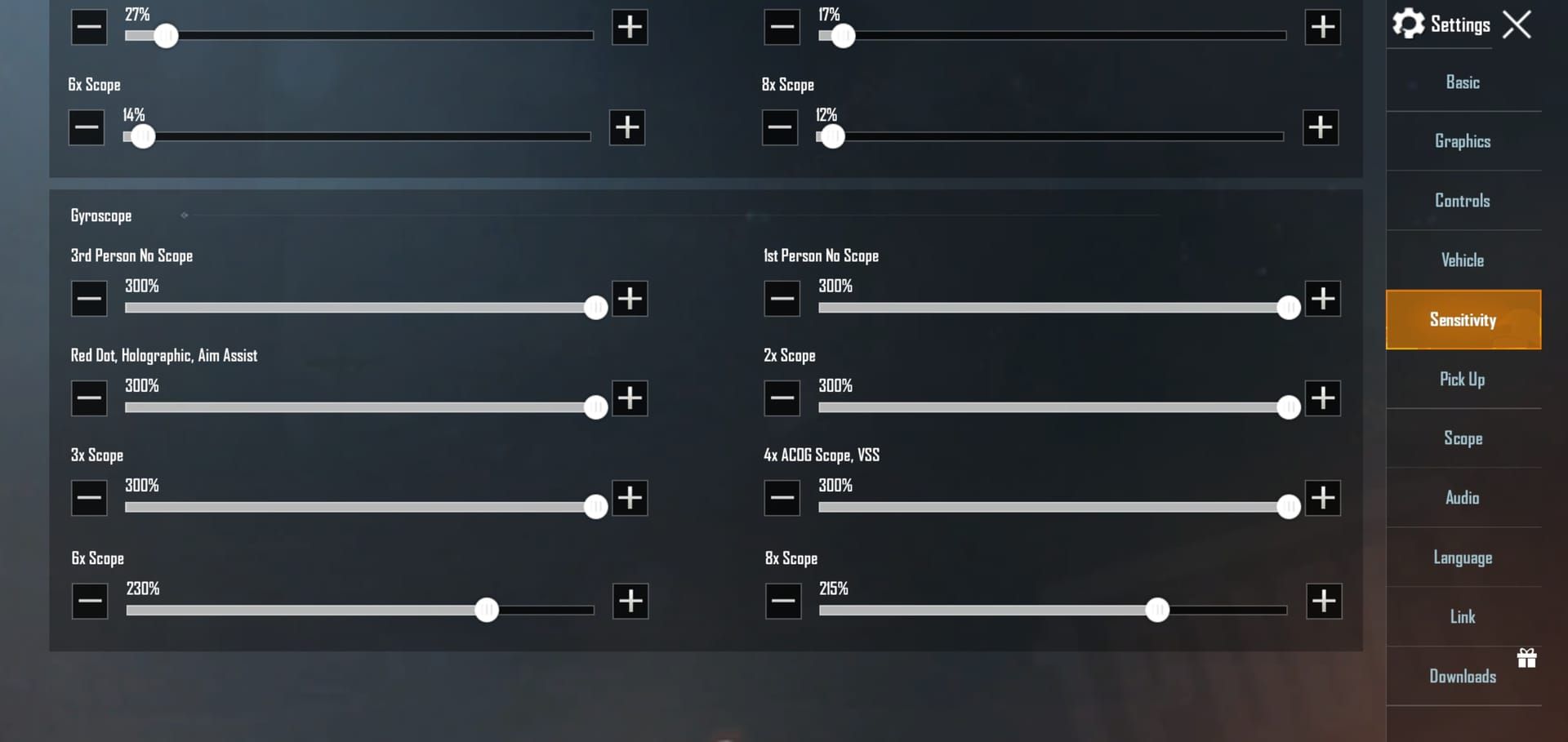 PUBG Mobile settings interface displaying gyroscope configuration options with Always On setting highlighted