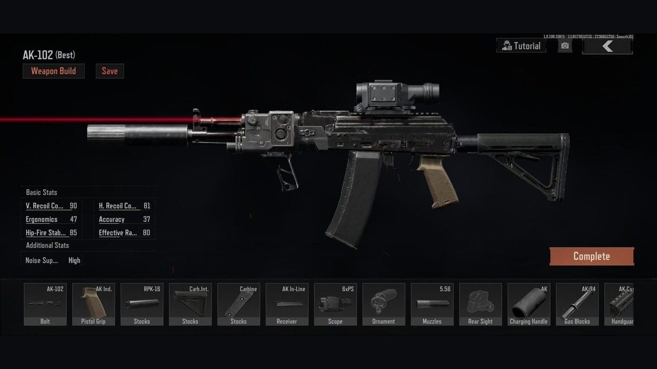 Rozpočtová sestava útočné pušky AK-102 v gunsmithu hry Arena Breakout