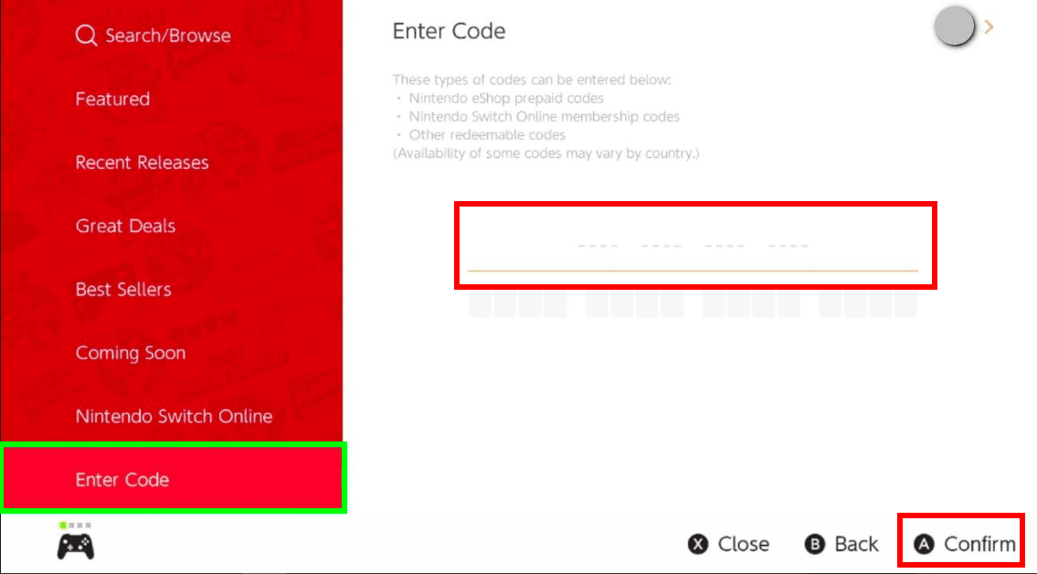 Menu HOME do Nintendo Switch abrindo a interface de resgatar código da eShop