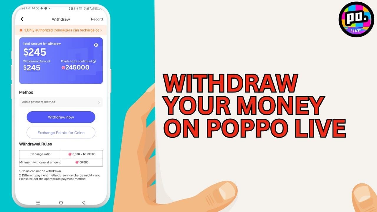 Captura de tela da interface de saque USDT TRC20 de moedas do Poppo Live