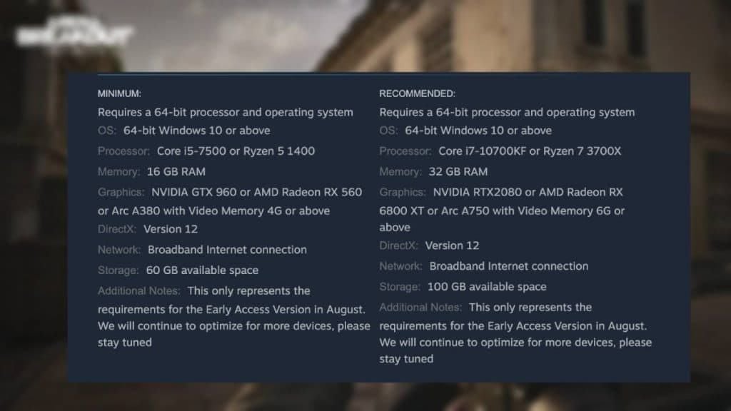 Arena Breakout PC system requirements showing high RAM and hardware demands