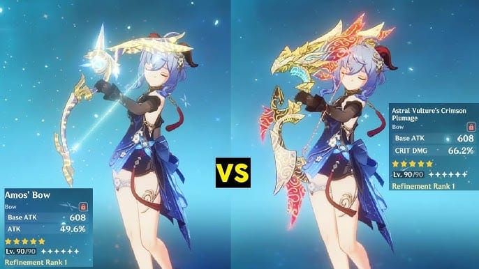 Genshin Impact damage comparison Astral Vulture Crimson Plumage vs Amos' Bow for Ganyu