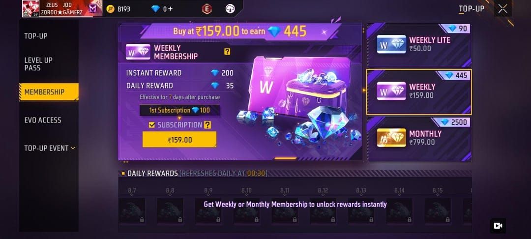 Free Fire 会员资格和购买选项的钻石价值比较图表