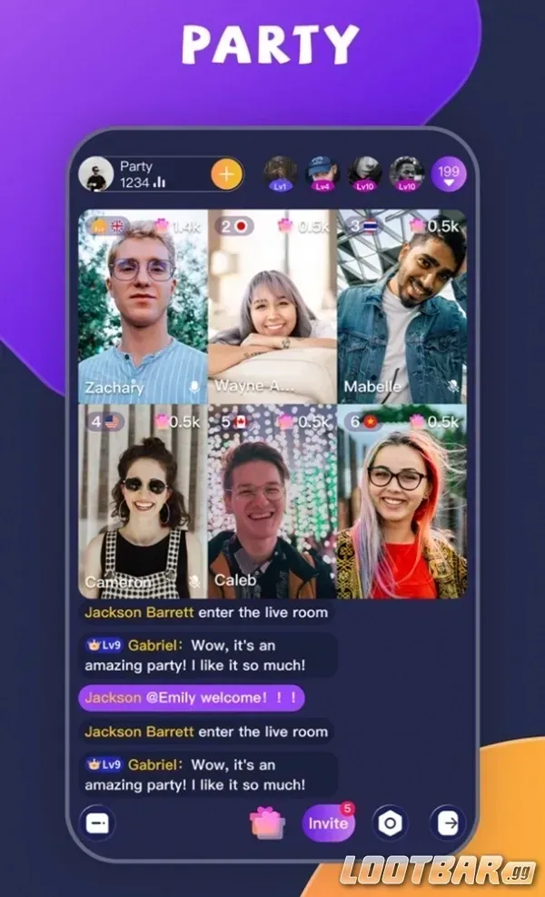 Interfaz de la sala de fiesta de Chamet mostrando usuarios, tarifas de entrada y funciones PK