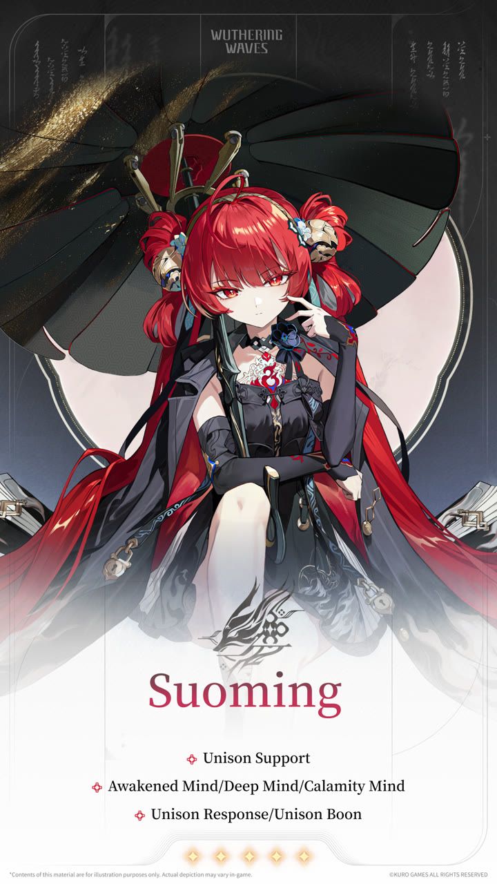 Official Wuthering Waves profile card for Suoming listing her role as Unison Support, with the tags Awakened Mind, Deep Mind, Calamity Mind, Unison Response and Unison Boon