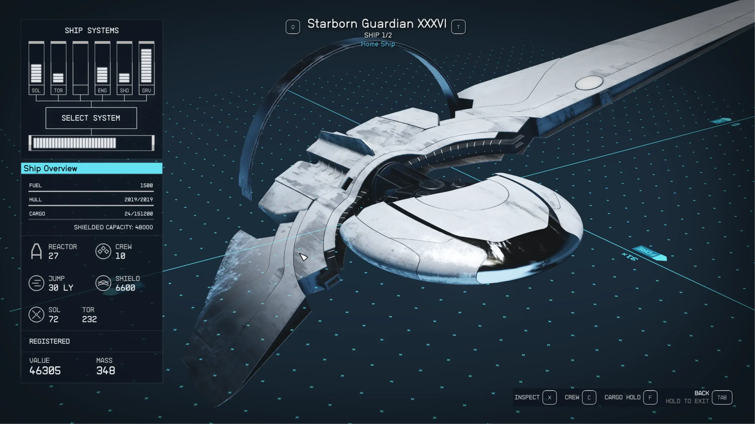 Nava Starborn Guardian zburând în apropierea unei anomalii cerești în Starfield
