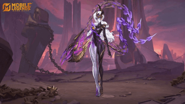 Obsidia character design showing her gothic armor and necromantic aesthetic in Mobile Legends