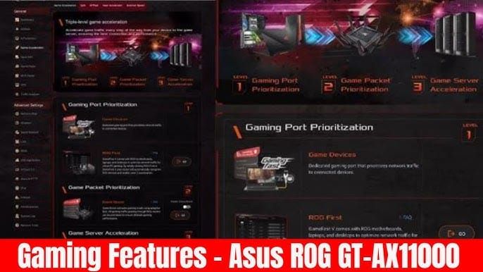 ASUS ROG router Gaming Accelerator interface displaying gaming optimization options and device priority settings