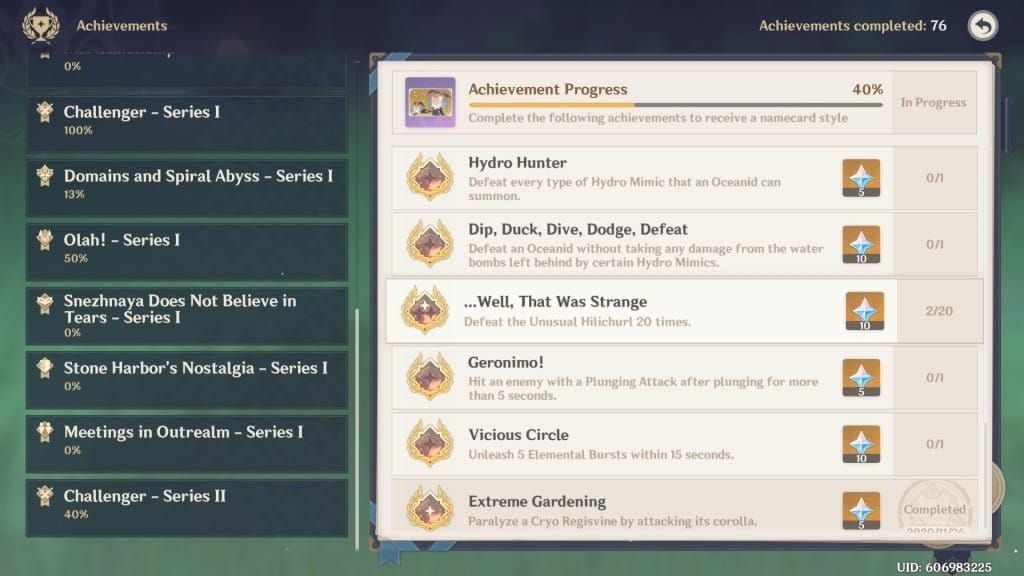 Achievement menu showing Unusual Hilichurl related achievements and rewards