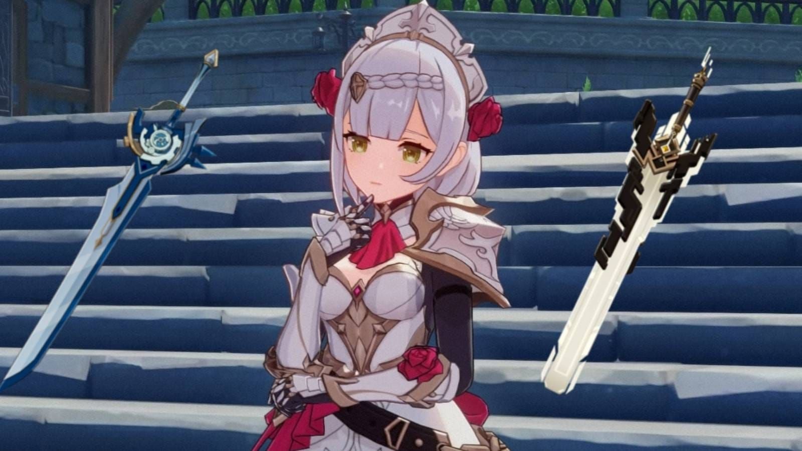 مجموعة من الأسلحة الموصى بها لنوال بما في ذلك Whiteblind و Serpent Spine و Favonius Greatsword مع إحصائياتها