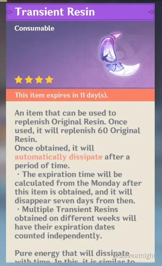 Genshin Impact Transient Resin item showing expiration countdown timer in player inventory