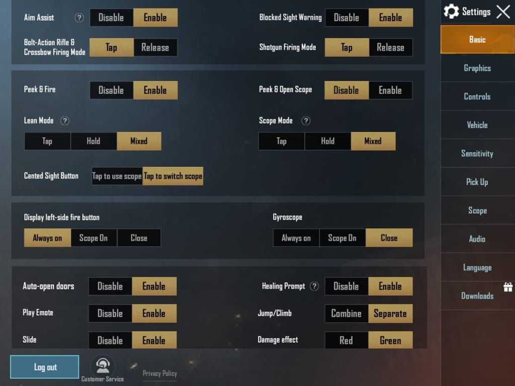 PUBG Mobile settings basic tab showing version number 2.6.0