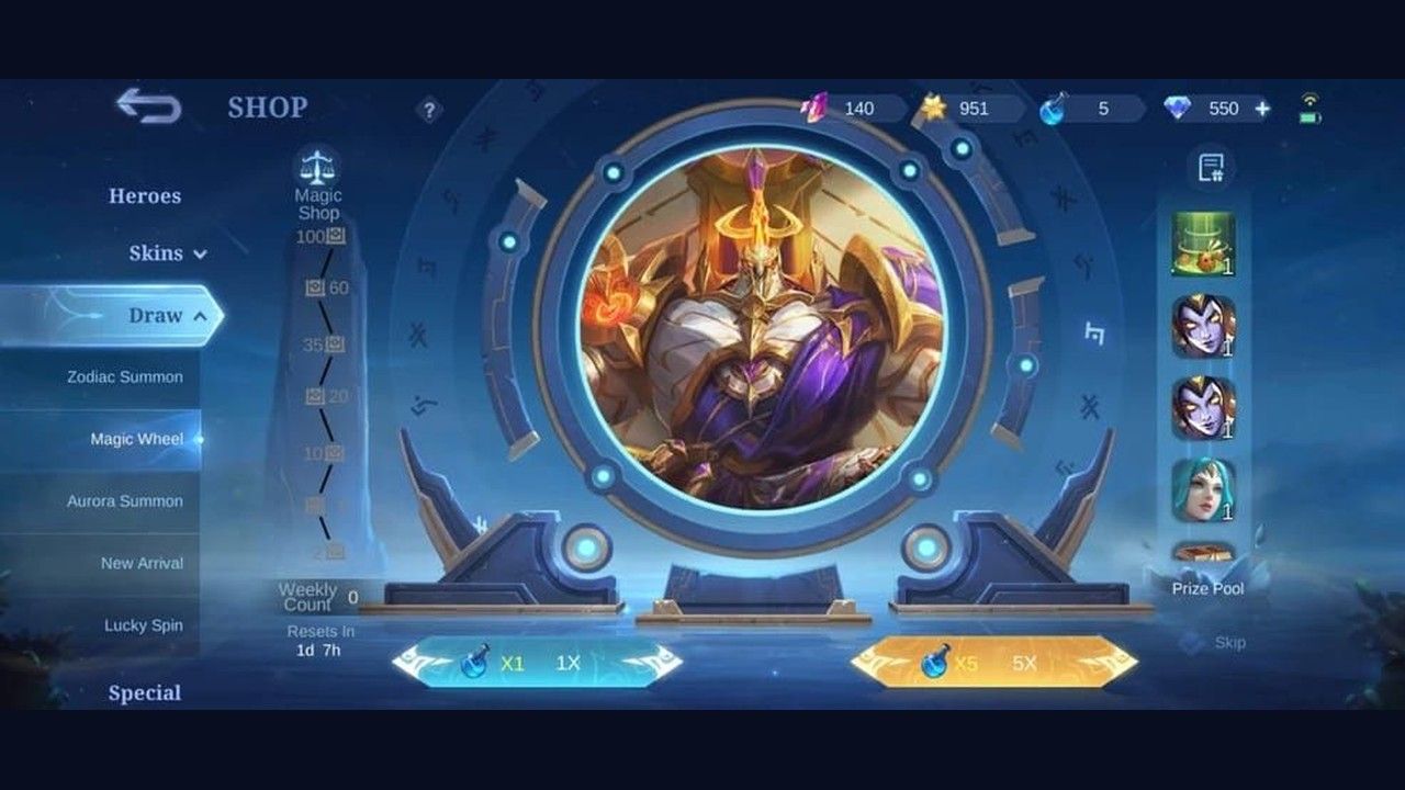 ปุ่มสุ่ม 1 ครั้งและ 5 ครั้งของ Magic Wheel พร้อมแถบนับจำนวนการสุ่มรายสัปดาห์