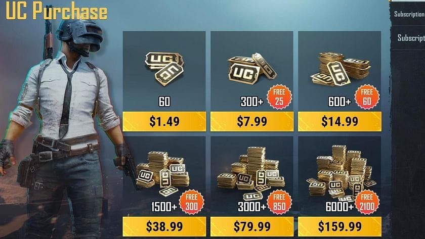 PUBG Mobile official UC purchase screen showing pricing options