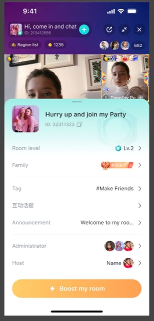 Interfaz de sala de múltiples invitados de Bigo Live que muestra la transmisión colaborativa con varios participantes