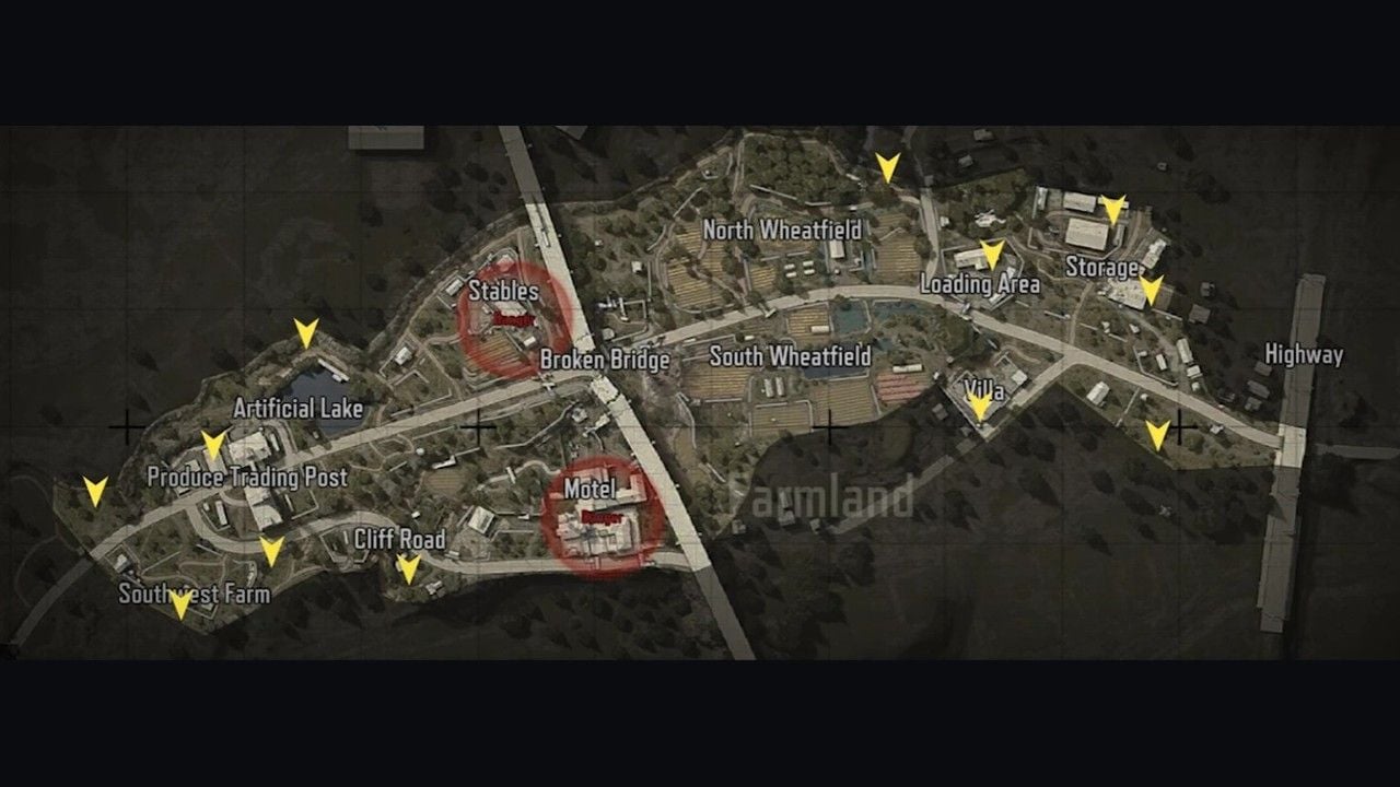 Mapa Farm v Arena Breakout s vyznačenými lokacemi Grain Trade, Stables, Motel a body pro extrakci