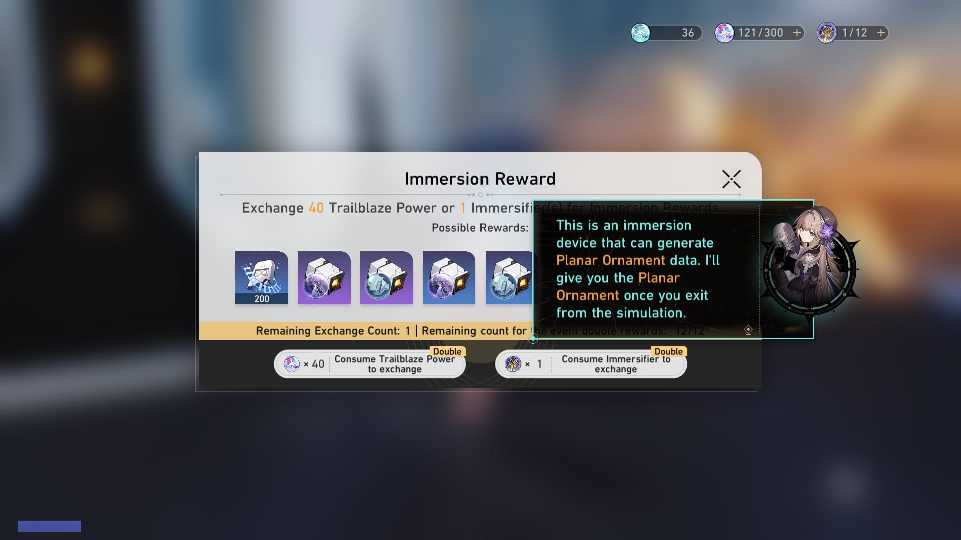 Tangkapan layar antarmuka penukaran Trailblaze Power Honkai Star Rail dengan saldo Reserve dan slider