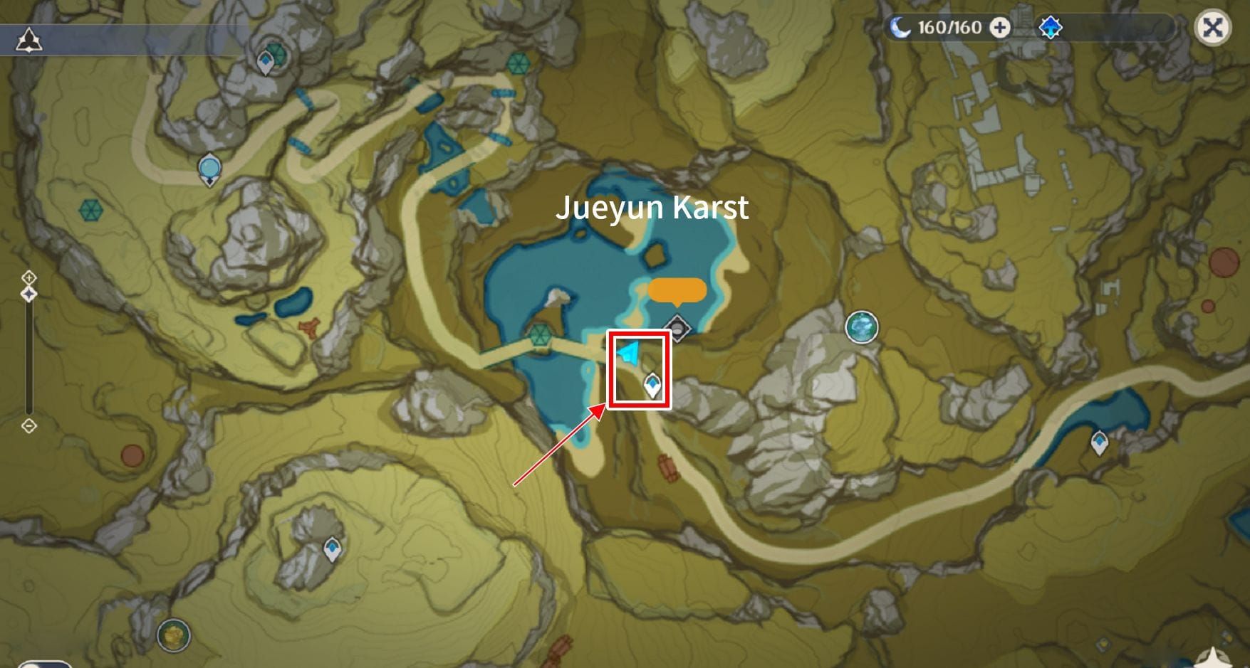Genshin Impact mapa ukazující lokaci domény Taishan Mansion v Jueyun Karst pro Gold knihy