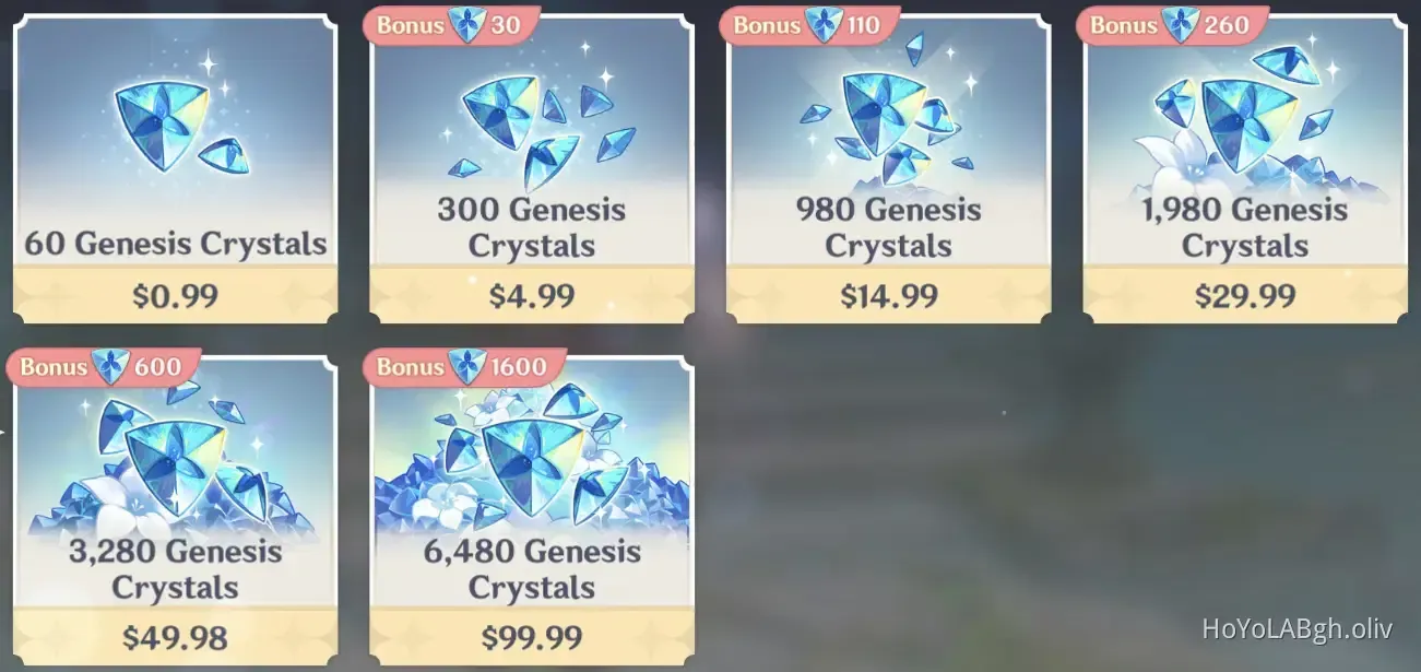 Comparison of different Genesis Crystal packages and special bundles for character and weapon guarantees