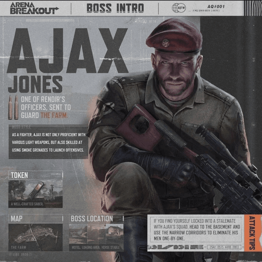 아레나 브레이크아웃 아약스 보스 캐릭터가 식별을 위한 독특한 빨간 베레모와 외형을 보여줍니다