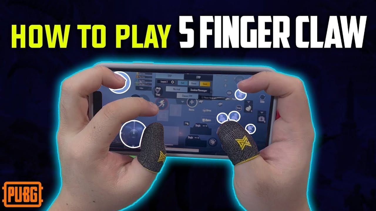 Four-finger claw grip technique demonstration for PUBG Mobile showing hand and finger positioning