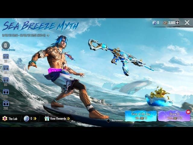 Evento Brisa do Mar do PUBG Mobile mostrando skins de armas com tema oceânico e trajes de personagem marítimos