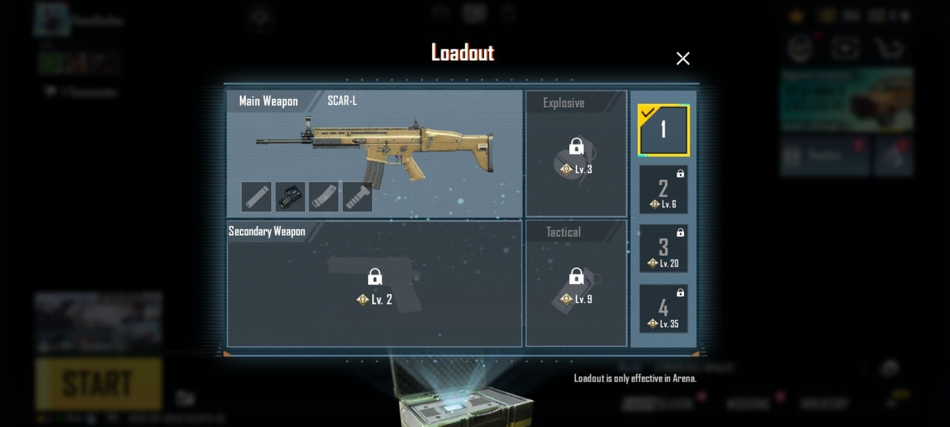 Inventário do PUBG Mobile mostrando loadout de arma híbrida profissional M416 e Mini14 com acessórios