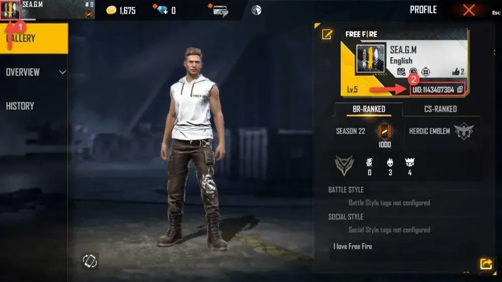 Free Fire 主屏幕显示头像位置和玩家 ID