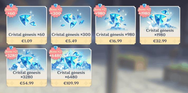 Genshin Impact Genesis Crystal pack pricing comparison showing first-time buyer bonus amounts