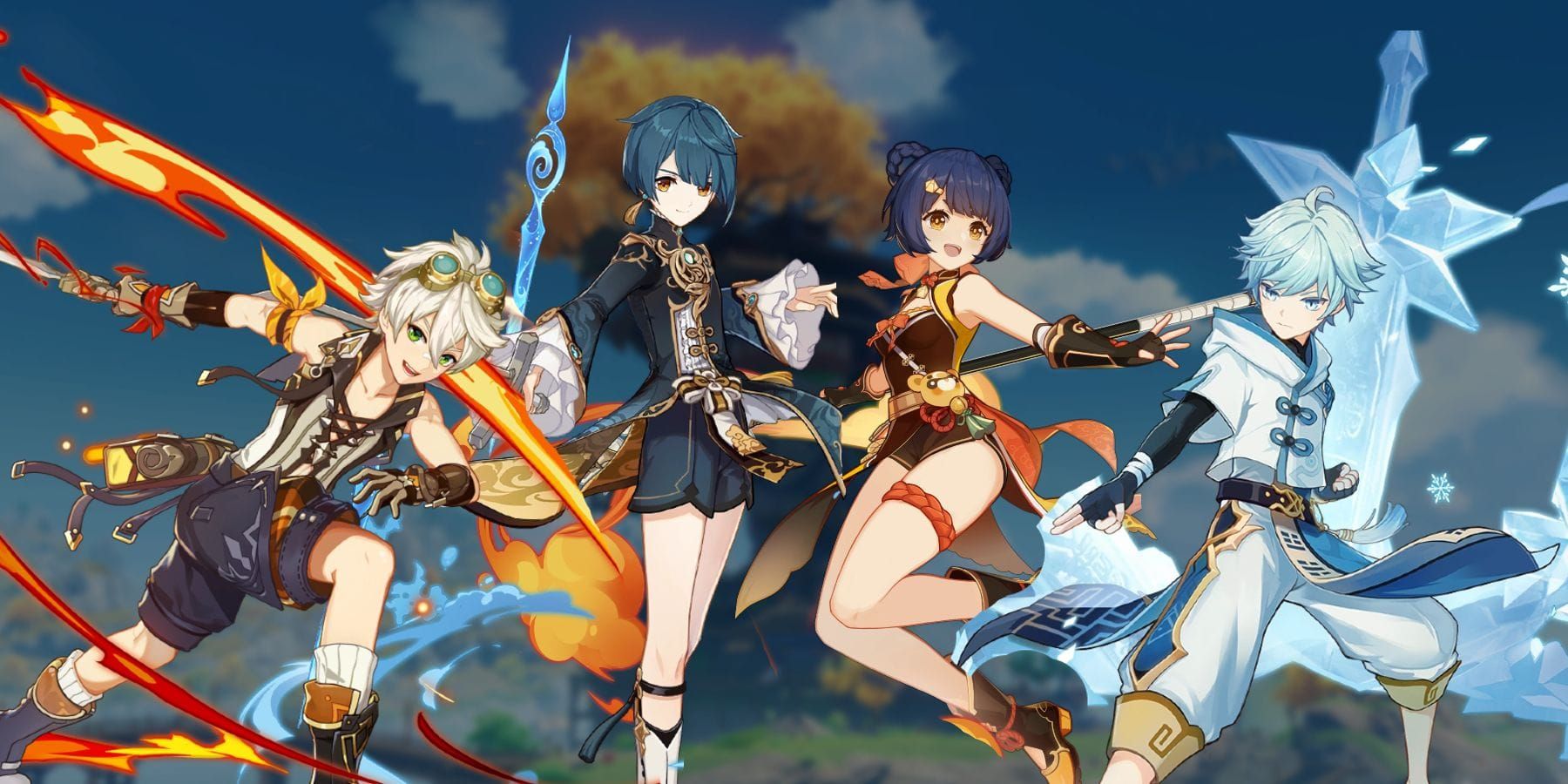 गेन्सिन इम्पैक्ट एफ2पी नेशनल टीम कंपोजिशन जिसमें जियांगलिंग, ज़िंगकिउ, बेनेट और सुक्रोज शामिल हैं