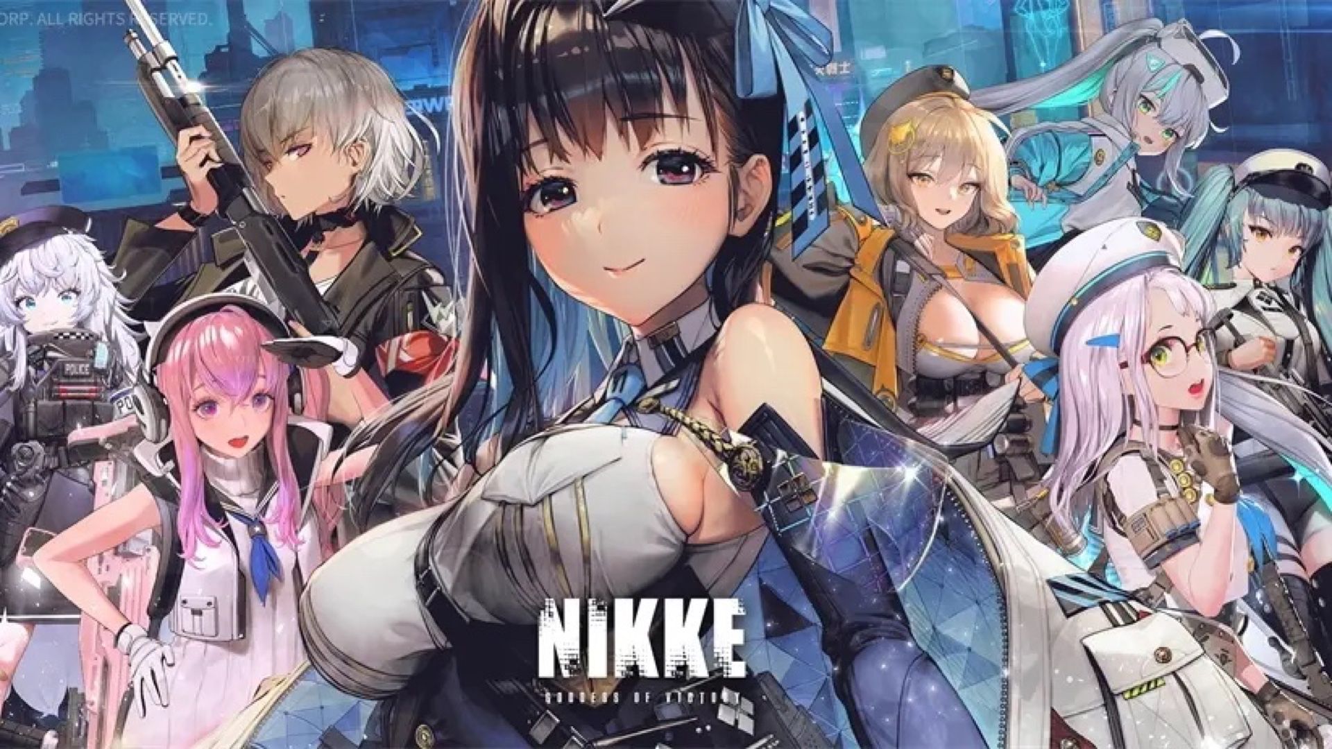 NIKKE weapon roster key art showing Modernia, Privaty, Anis, Liter, and other raid units