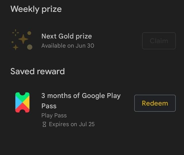 Tab Perk Google Play Points memaparkan butang tuntutan ganjaran mingguan
