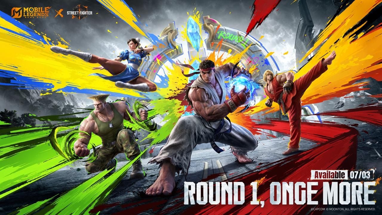Grafică promoțională oficială MLBB x Street Fighter 6 ROUND1 cu Ryu, Ken, Chun-Li și Guile