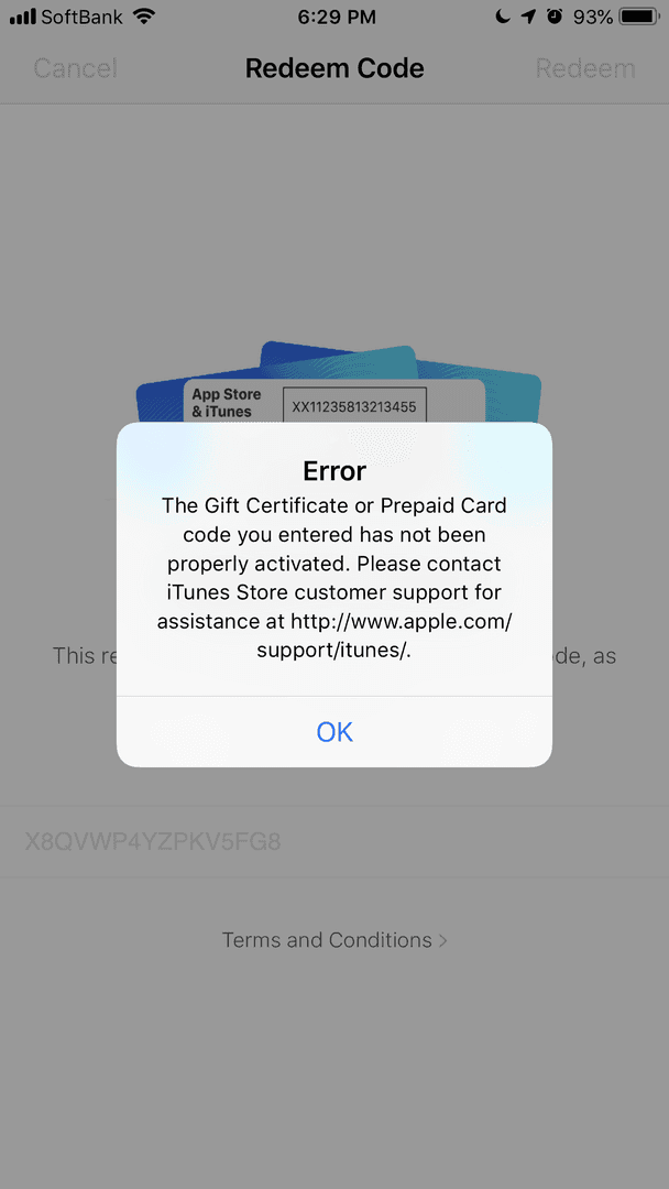Tangkapan layar error App Store iPhone untuk Kartu Hadiah Apple yang terkunci wilayah