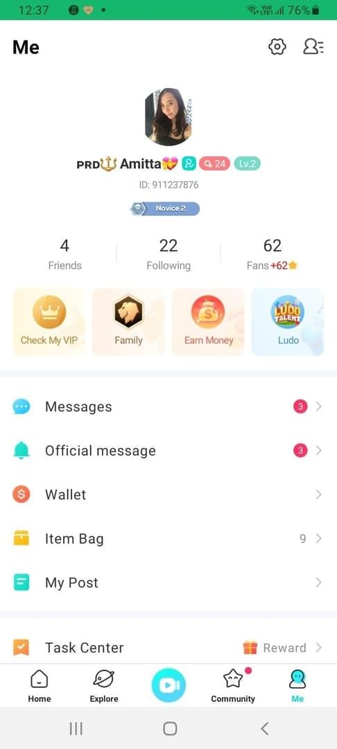 Bigo Live 應用程式個人資料畫面，顯示 BIGO ID 的位置