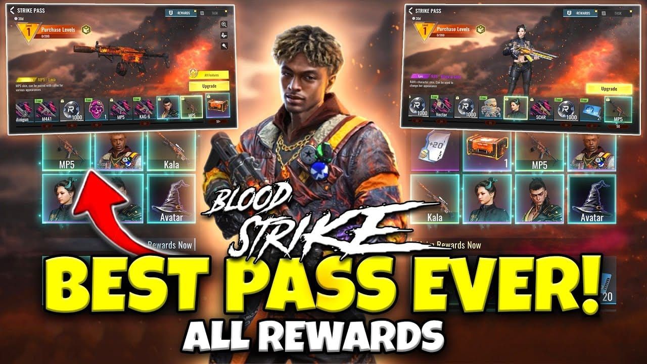 Rozhraní Blood Strike Elite Strike Pass zobrazující úrovně, odměny v Goldech a strukturu refundace