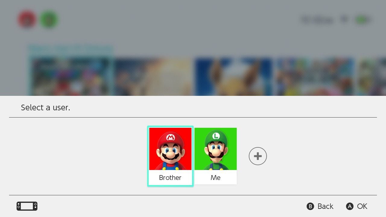 Skrin pemilihan profil pengguna Nintendo Switch untuk berbilang akaun serantau